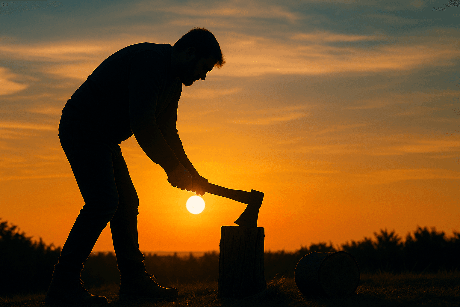 Silhouette of a man chopping wood in the evening light