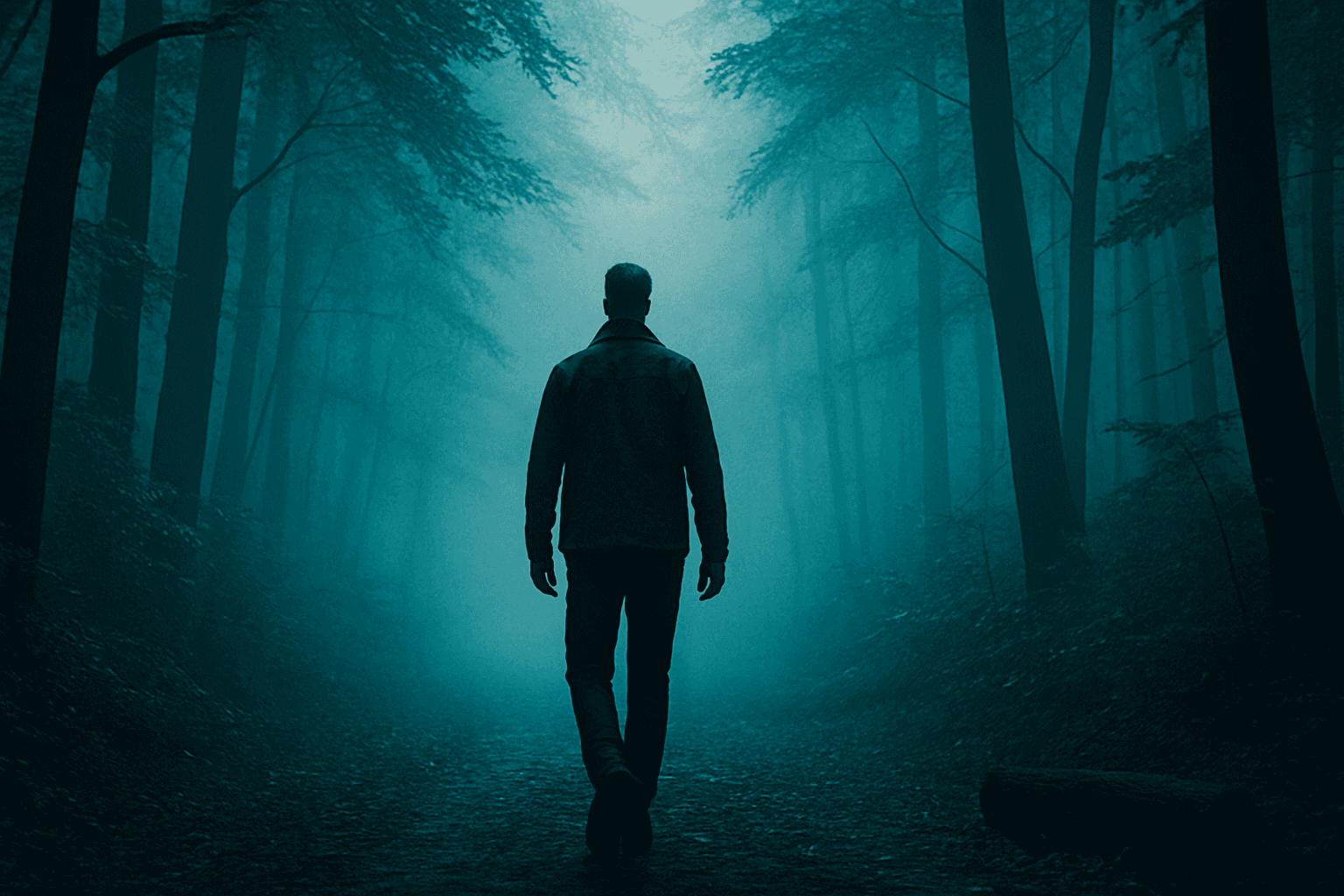 A solitary figure walking through fog-covered woods