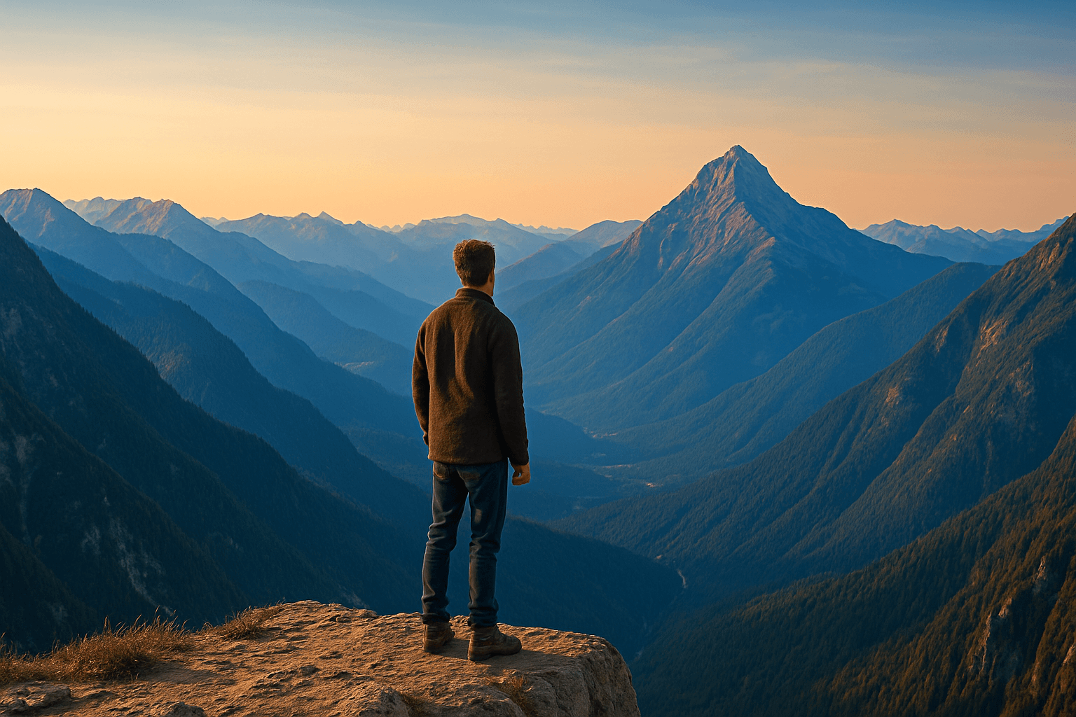 Man standing alone on a mountain cliff, gazing into the distance